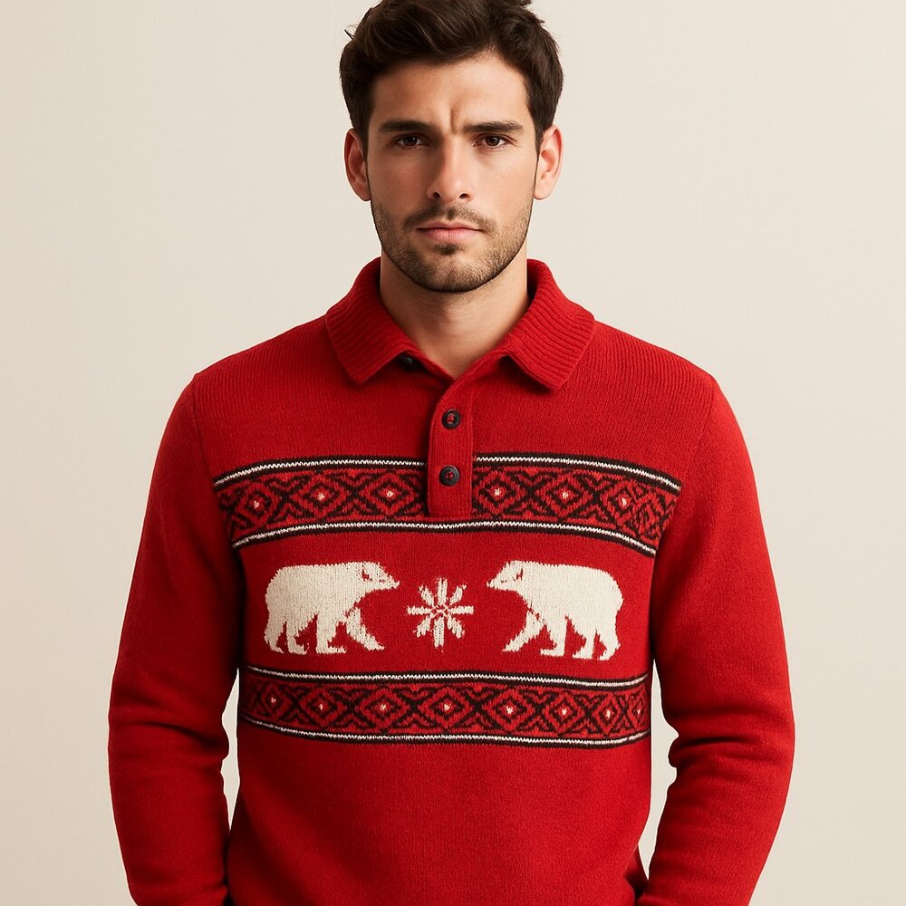 Chaps Mens L 43" Sweater Pullover Unisex Red Polar Bear Winter‎ 100% Cotton